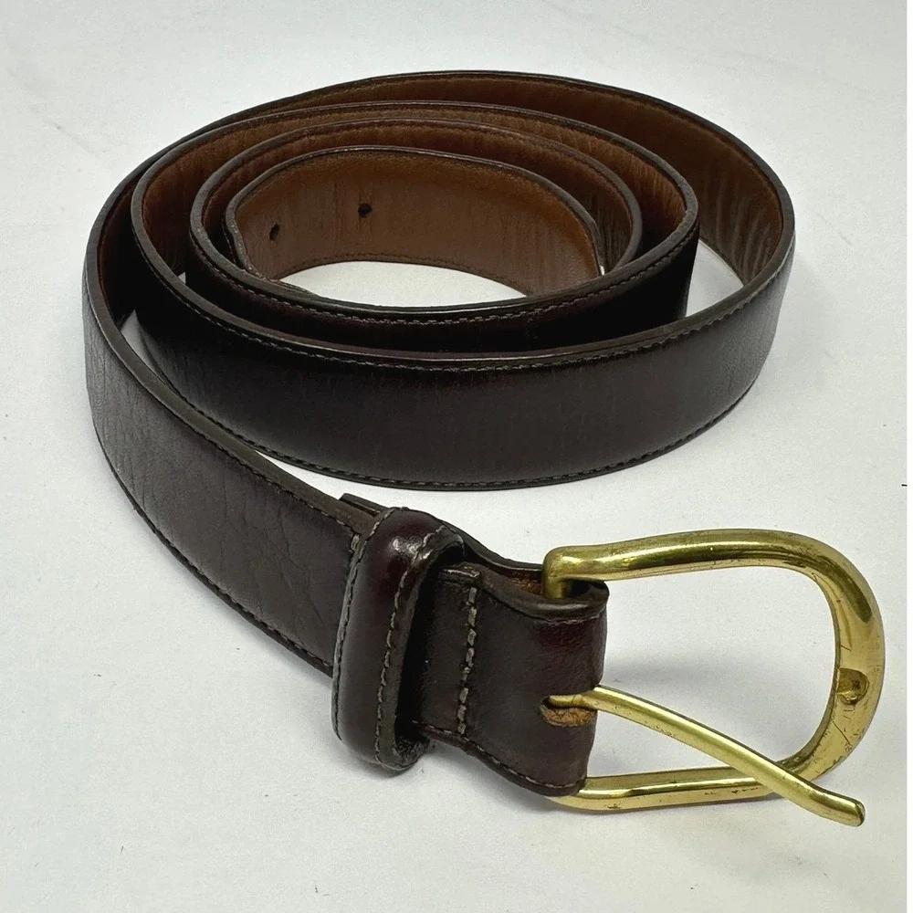 LL Bean Mens Brown Leather Belt 44 Brass Buckle Made in USA D429 12056